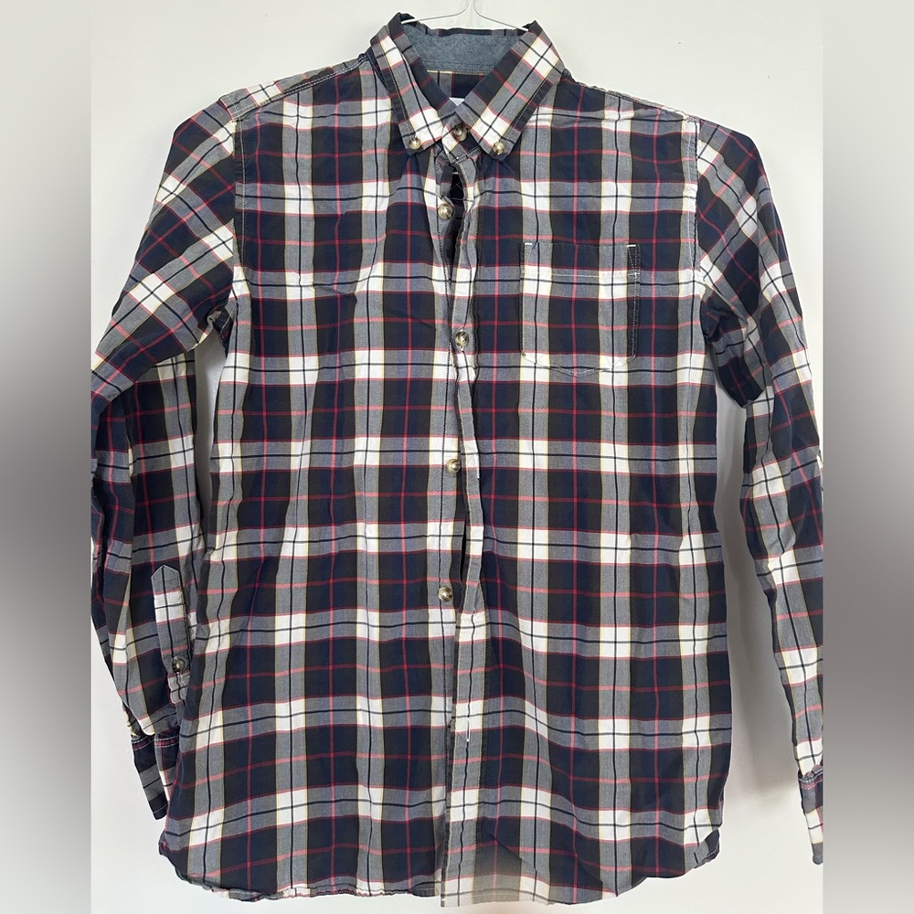 Boys Crewcuts Blue, Red, and White Plaid 100% Cotton Dress Shirt, Sz 14, EUC